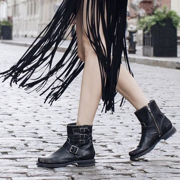 $389 Veronica Short Belted Cognac Leather Fringe Moto Vintage Combat Ankle Boot - Picture 2 of 15